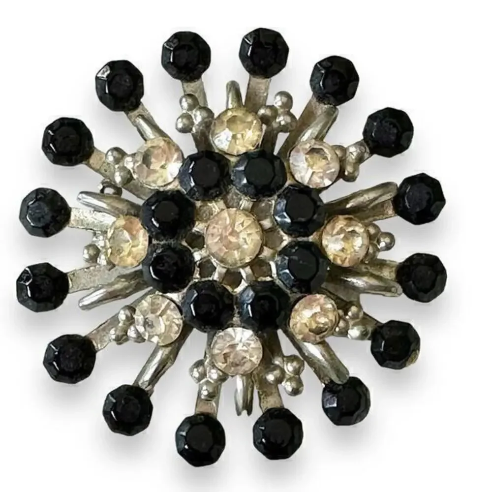 VINTAGE 1960s Black & White Silver Metal Atomic Starburst Rhinestone Pin Brooch